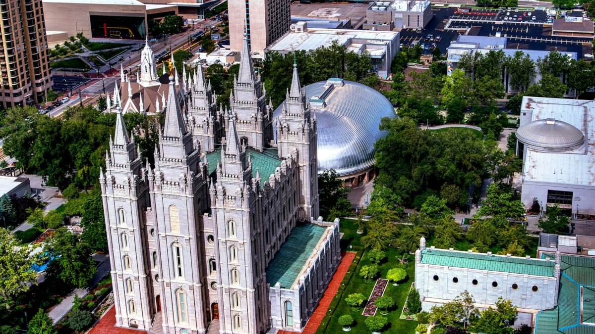 aerial photography of gray temple square