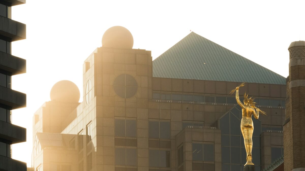 the statue at the Alabama Power corporate headquarters at sunrise